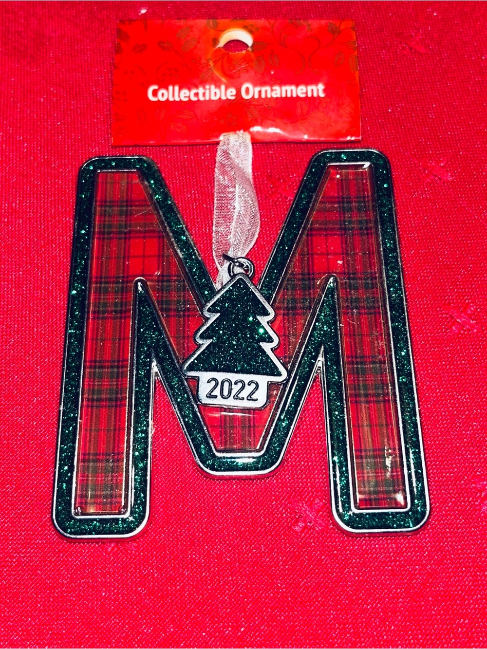Collectible Red Plaid & Green Glitter Letter M Ornament